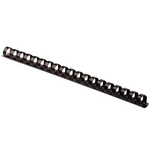 Fellowes 14mm black plastic binding comb with 21 round loops, photographed at an angle on a plain white background