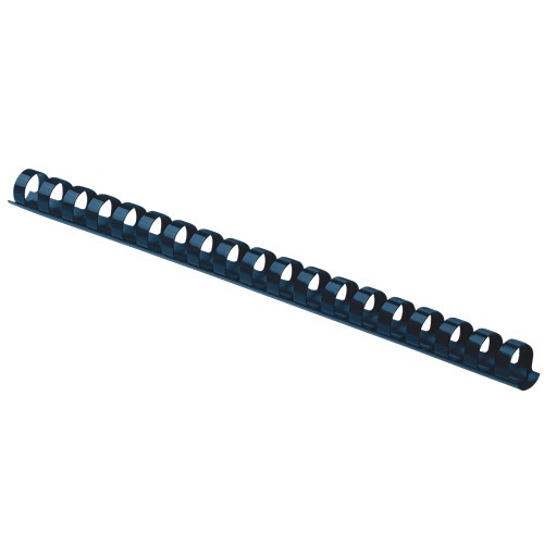Fellowes 14mm blue plastic binding comb with 21 round loops, photographed at an angle on a plain white background