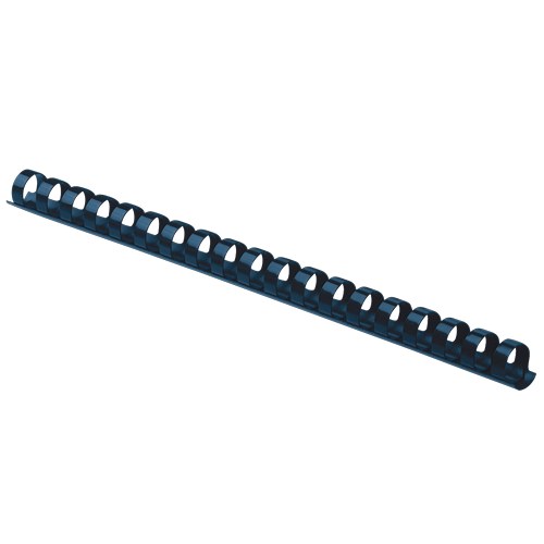 Fellowes 16mm blue plastic binding comb with 21 round loops, photographed at an angle on a plain white background