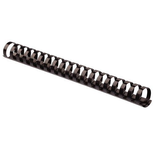 Fellowes 19mm black plastic binding comb with 21 round loops, photographed at an angle on a plain white background