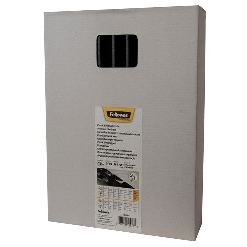 Earlier Fellowes box of 100 black 19mm plastic binding combs, label marked A4/21 hole with the 19mm size highlighted in the size table