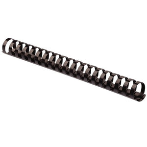 Fellowes 25mm black plastic binding comb with 21 round loops, photographed at an angle on a plain white background
