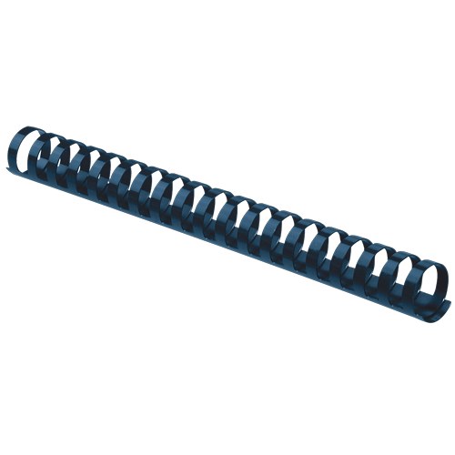 Fellowes 25mm blue plastic binding comb with 21 round loops, photographed at an angle on a plain white background