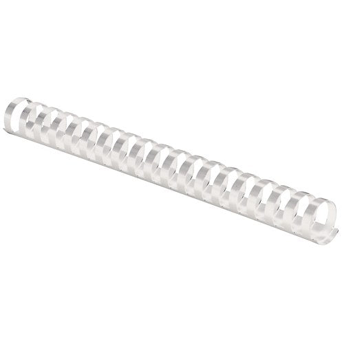 Fellowes 25mm white plastic binding comb with 21 round loops, photographed at an angle on a plain white background