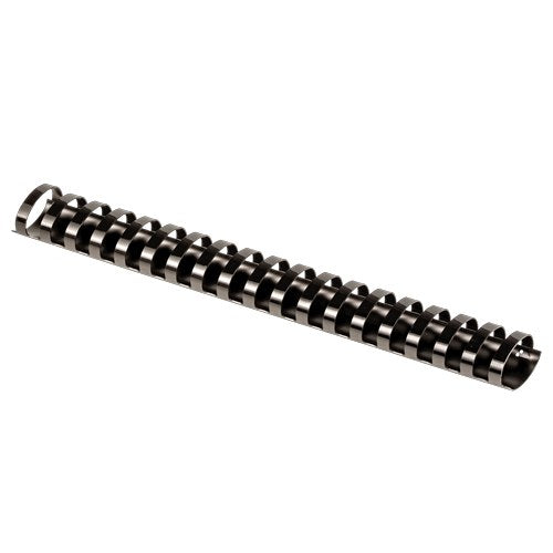Fellowes 32mm black plastic binding comb with 21 oval back loops, photographed at an angle on a plain white background