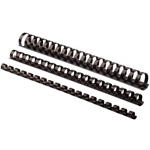 Three black Fellowes plastic binding combs of different diameters lying side by side, showing how the loops grow with comb size