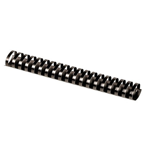 Fellowes 38mm black plastic binding comb with 21 oval back loops, photographed at an angle on a plain white background