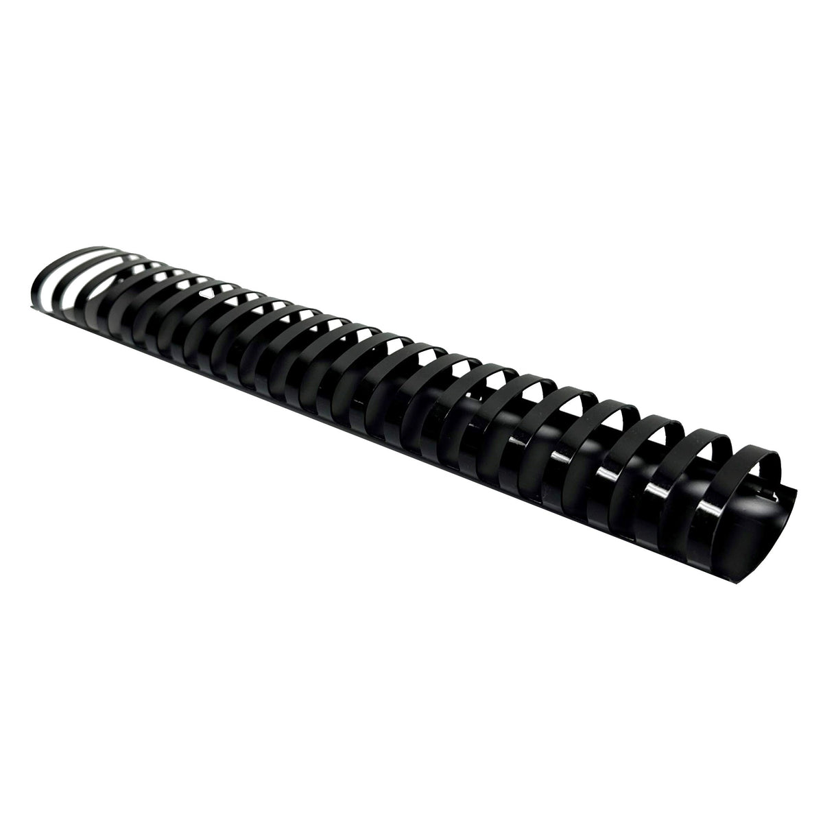 Fellowes 45mm black plastic binding comb with 21 oval back loops, photographed at an angle on a plain white background