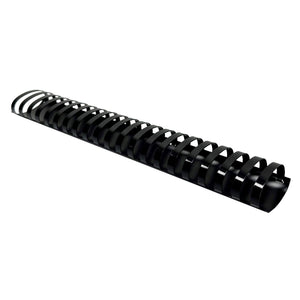 Fellowes 45mm black plastic binding comb with 21 oval back loops, photographed at an angle on a plain white background