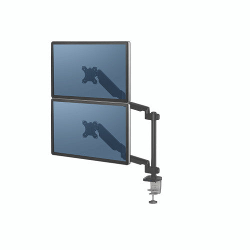 Fellowes Platinum Series Dual Stacking Monitor Arm with two screens stacked one above the other on a black pole with desk clamp, from the left