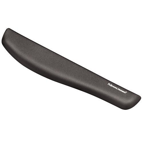 Fellowes PlushTouch keyboard wrist support in graphite, a charcoal grey fabric covered foam bar with Fellowes Microban printed near one end