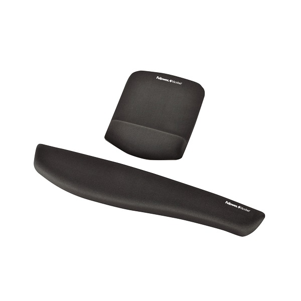 Graphite PlushTouch keyboard support with the separately sold graphite PlushTouch mouse pad and wrist cushion, on a white background