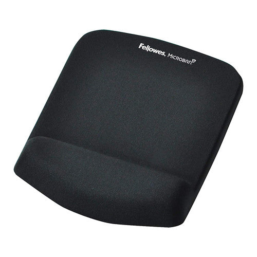 Fellowes PlushTouch mouse pad in black with a raised foam wrist cushion and a Fellowes Microban print on the top edge
