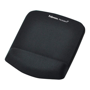 Fellowes PlushTouch mouse pad in black with a raised foam wrist cushion and a Fellowes Microban print on the top edge