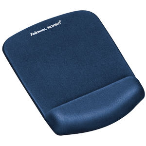 Fellowes PlushTouch mouse pad in blue with a fabric covered foam wrist cushion and white Fellowes Microban print