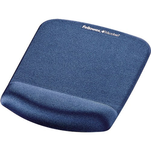 Blue PlushTouch pad seen from the front corner, showing the textured fabric and rounded foam cushion