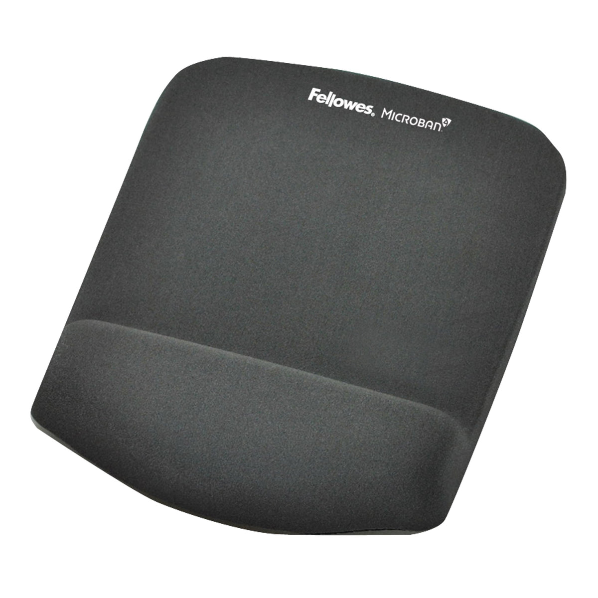 Fellowes PlushTouch mouse pad in graphite grey with a foam wrist cushion and a Fellowes Microban print near the top