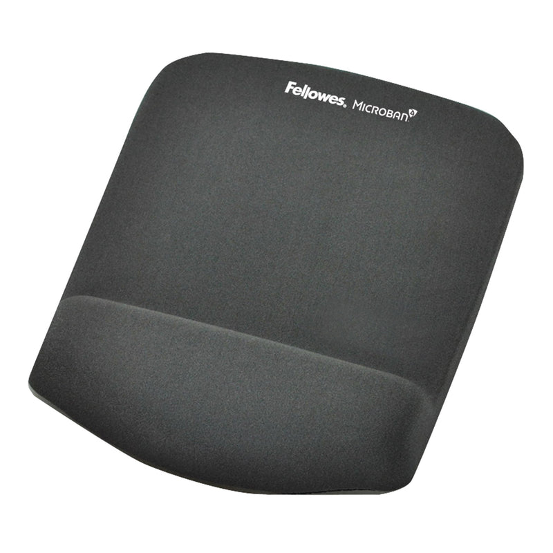 Fellowes PlushTouch mouse pad in graphite grey with a foam wrist cushion and a Fellowes Microban print near the top