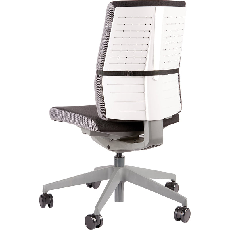 Back of a white office chair with the lumbar cushion strap buckled around it at lower back height