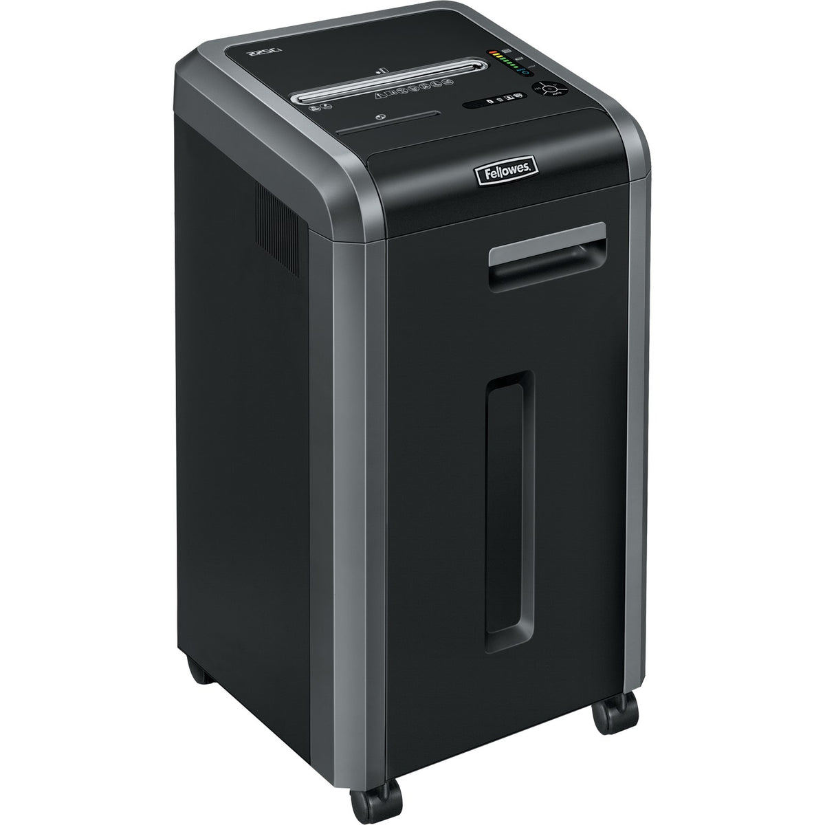 Powershred 225Ci from the front right showing the control panel on top, the Fellowes logo and the side vents