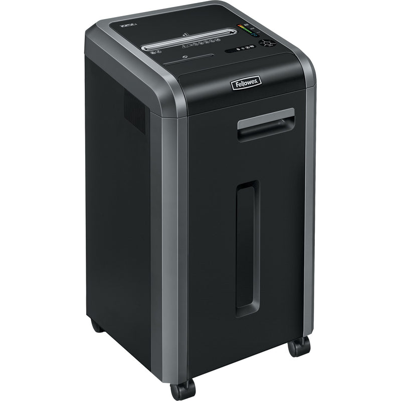 Powershred 225Ci from the front right showing the control panel on top, the Fellowes logo and the side vents