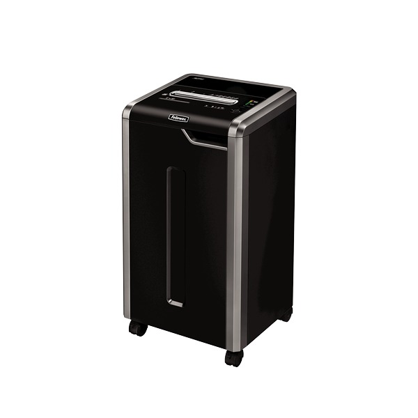 Fellowes Powershred 325i from the front left, a tall black cabinet shredder with silver side trim, a door handle slot and castors