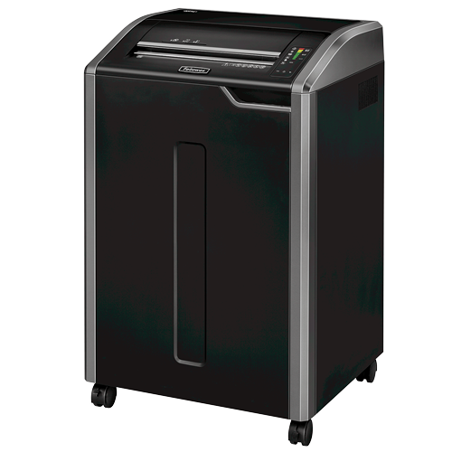 Fellowes Powershred 485Ci from the front left, a wide black cabinet shredder with silver trim on castors