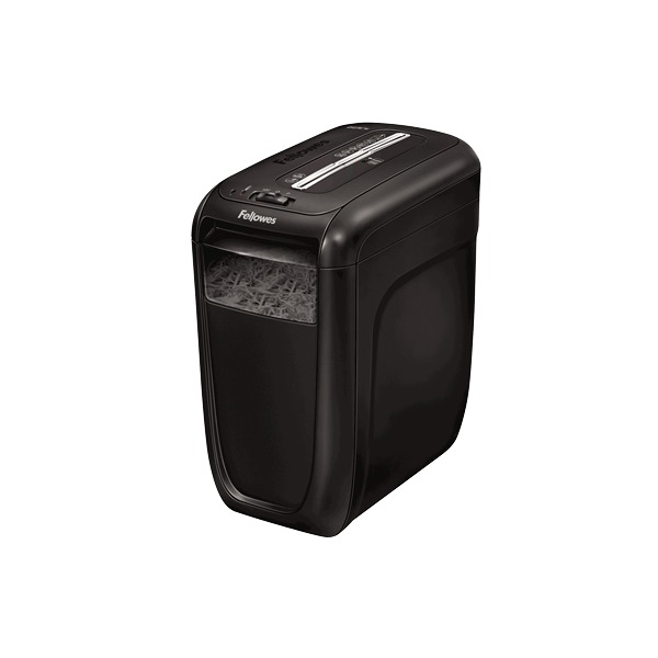 Fellowes Powershred 60Cs from the front left, a compact black shredder with a window into the basket