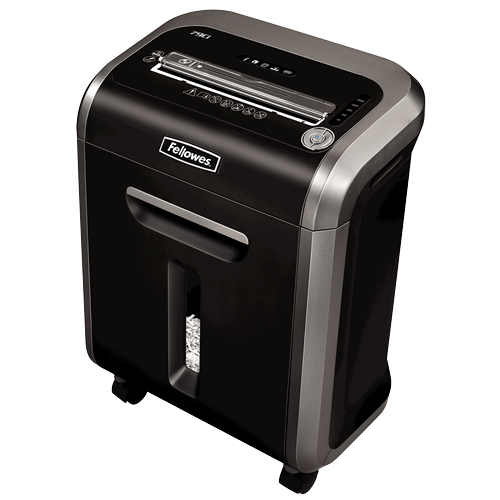 Fellowes Powershred 79Ci from the front left, a black and dark silver deskside shredder on castors with a narrow bin window
