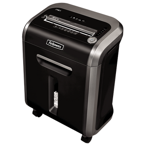 Fellowes Powershred 79Ci from the front left, a black and dark silver deskside shredder on castors with a narrow bin window