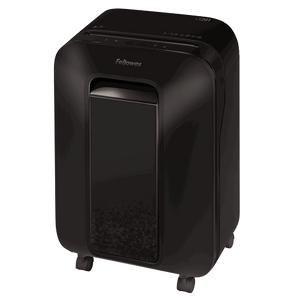 Fellowes Powershred LX201 from the front left, a black deskside shredder on castors with a glossy front panel and a window showing shreds in the bin