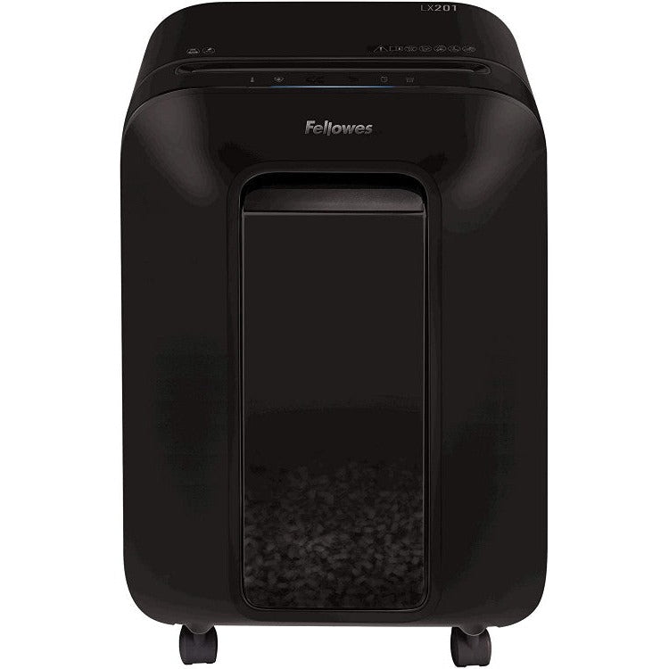 Powershred LX201 straight-on front view, black body with the Fellowes logo above a tall front panel
