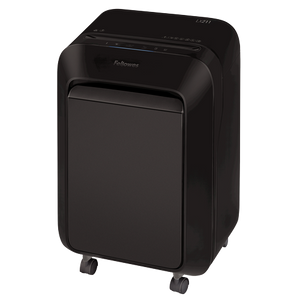 Fellowes Powershred LX211 from the front left, a black deskside shredder on castors with a glossy front panel and a window showing shreds in the bin