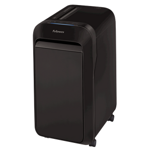 Fellowes Powershred LX221 from the front left, a tall black micro-cut shredder on castors with a glossy front panel