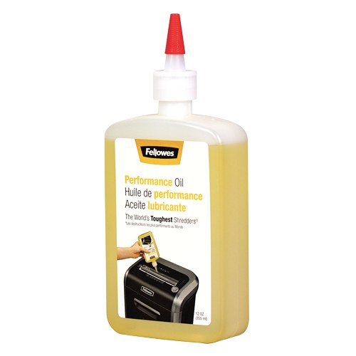 Fellowes Powershred shredder oil 355 ml bottle with a red-capped extended nozzle and the current yellow and white label, front left view
