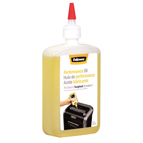 Fellowes shredder oil bottle from the front right, label showing a hand oiling the paper entry of a black shredder
