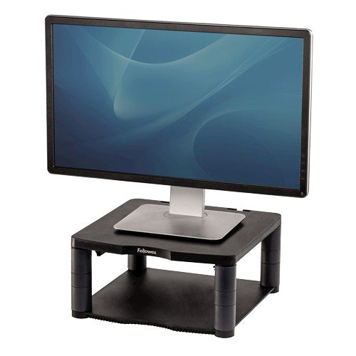 Fellowes premium monitor riser in graphite with a flat screen monitor on top and an empty shelf below