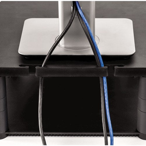 Rear view of the premium monitor riser with blue and black cables gathered through the clip behind the monitor stand