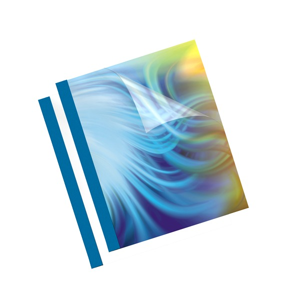 Two Fellowes Prestige thermal binding covers fanned out, each with a blue spine strip and a clear front over a blue and yellow swirl pattern