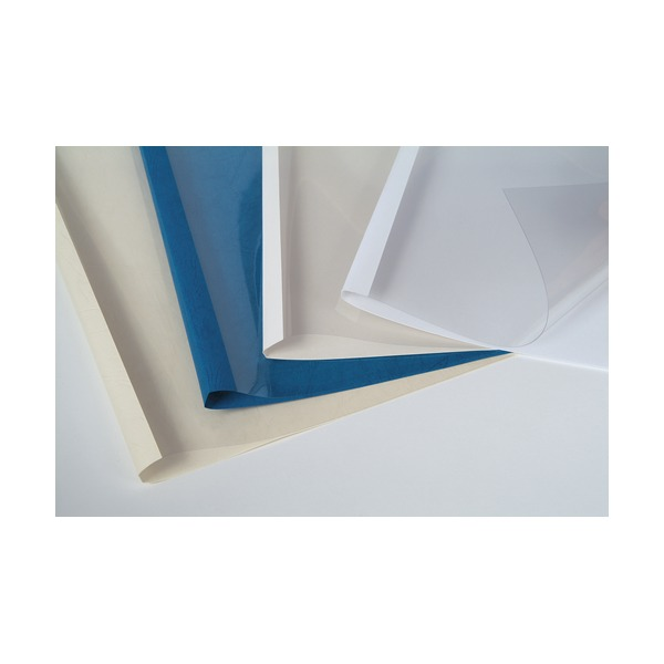 Close photo of thermal binding covers in white and blue with clear fronts lifted, showing the spine fold and board backs
