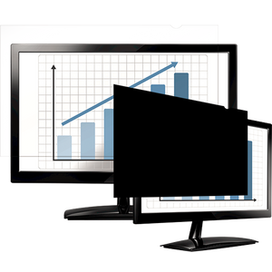 Fellowes PrivaScreen shown on a monitor: the chart reads clearly on one screen while a second angled screen is turned black by the 23 inch filter