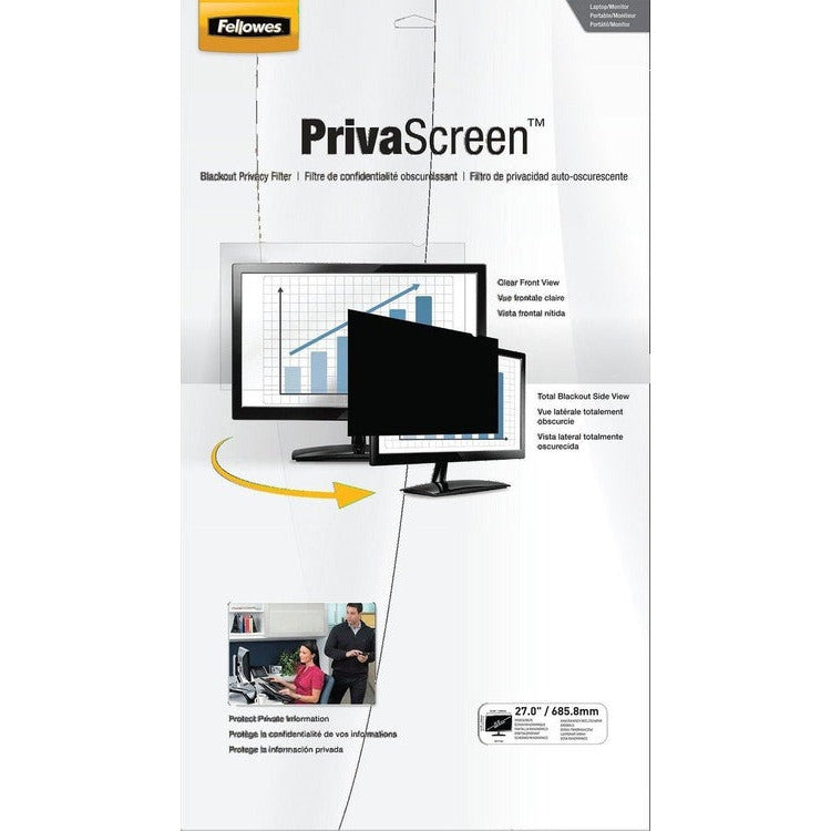 Fellowes PrivaScreen Blackout Privacy Filter retail pack with the 27 inch size label in the lower corner and a monitor shown on the front