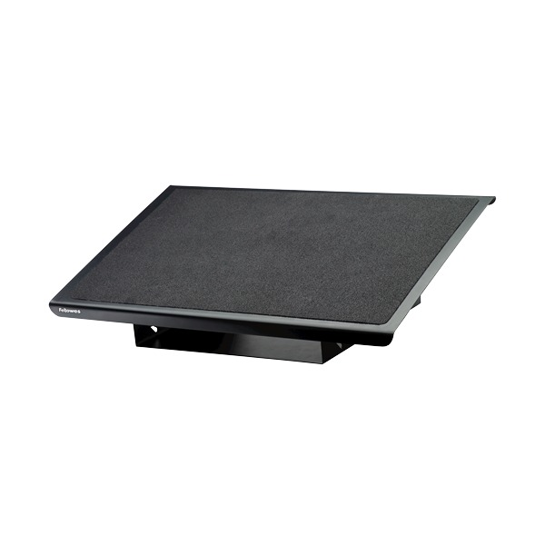 Black steel heavy duty foot support with a dark gritty top and the Fellowes logo on the front edge