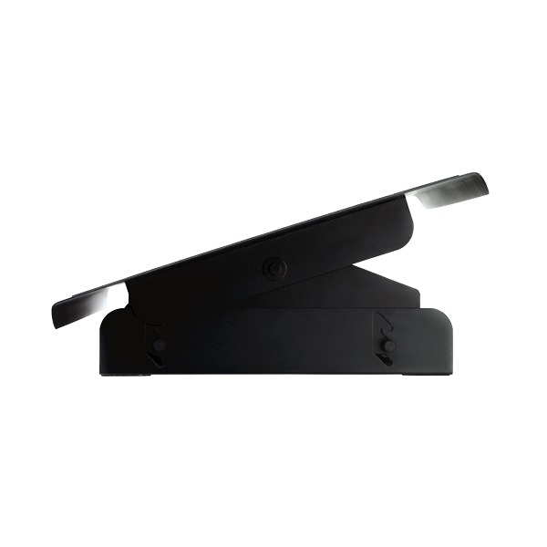 Side view of the heavy duty foot support showing its steel side plates and the platform tilted towards the user