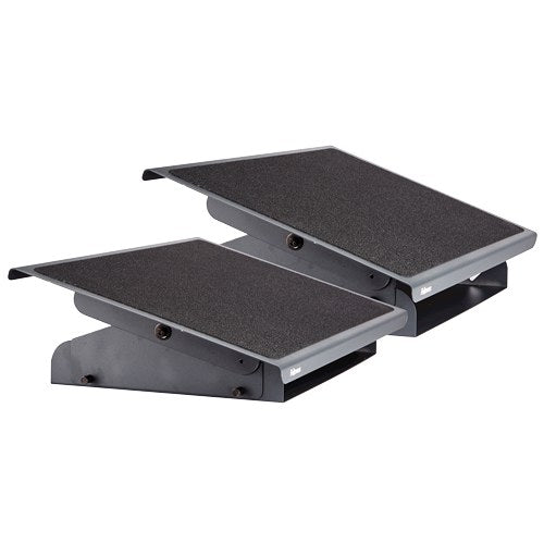 Two heavy duty foot supports side by side, one set low and one set high, showing the range of platform heights