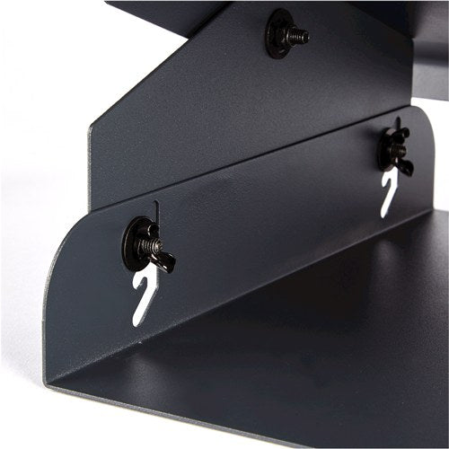 Close-up of a black adjustment knob sitting in a curved slot in the steel side plate of the foot support