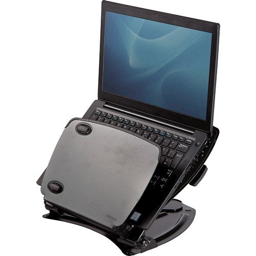 Fellowes Professional Series laptop workstation with an open laptop on its raised grey and black platform