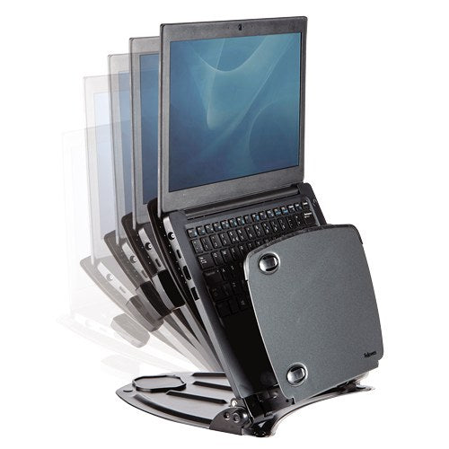 Professional Series laptop workstation drawn at several heights at once with a laptop on top
