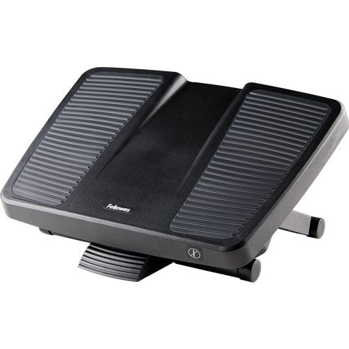 Fellowes Professional Series Ultimate foot support in black with two grey ribbed foot pads and the Fellowes logo on the raised centre