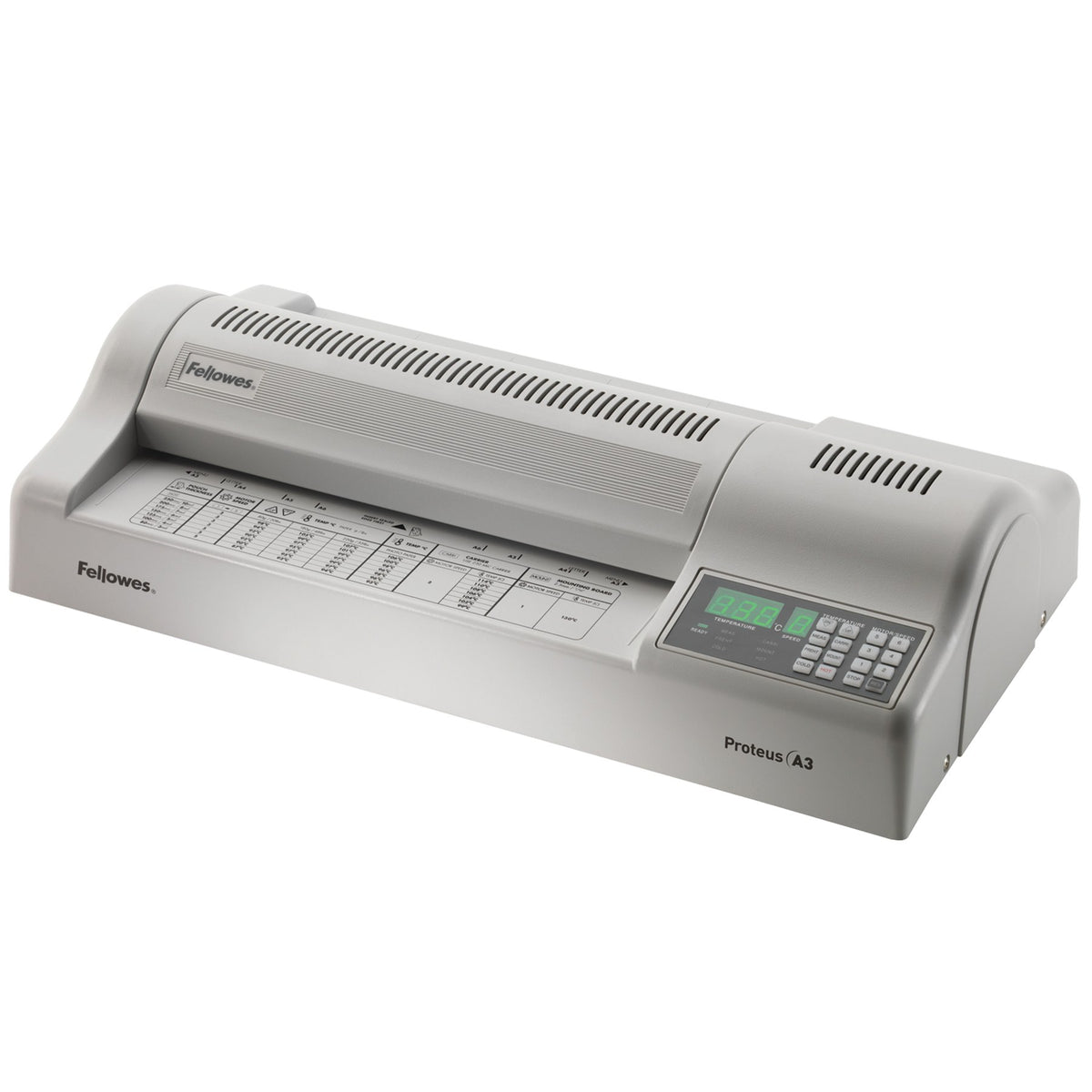 Light grey Fellowes Proteus A3 laminator from the left, showing the long entry shelf and digital control panel